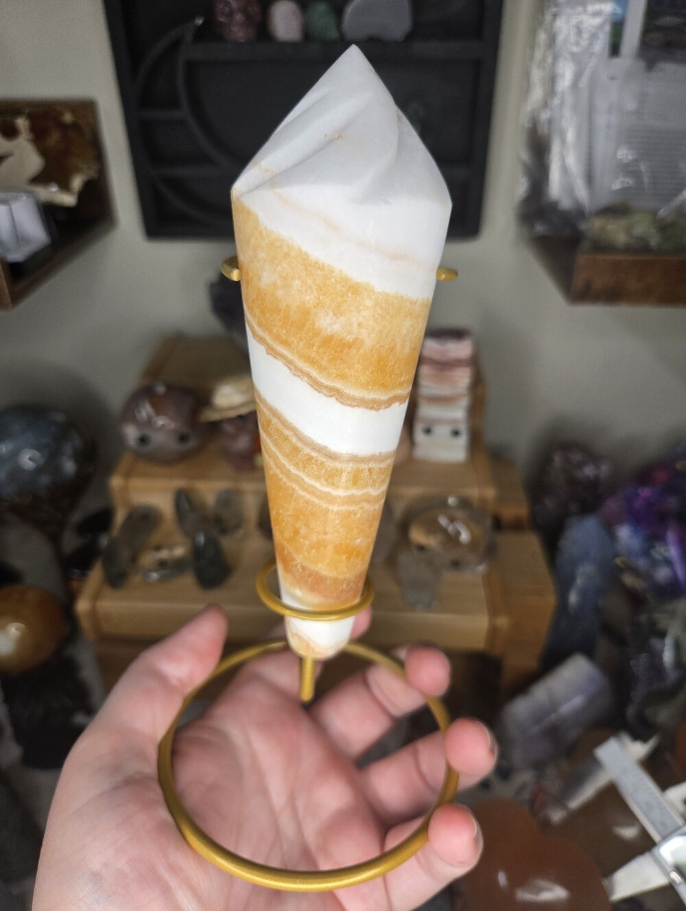 Orange Banded Calcite Ice Cream Swirl Crystal Wand Carving W/ Stand Holder